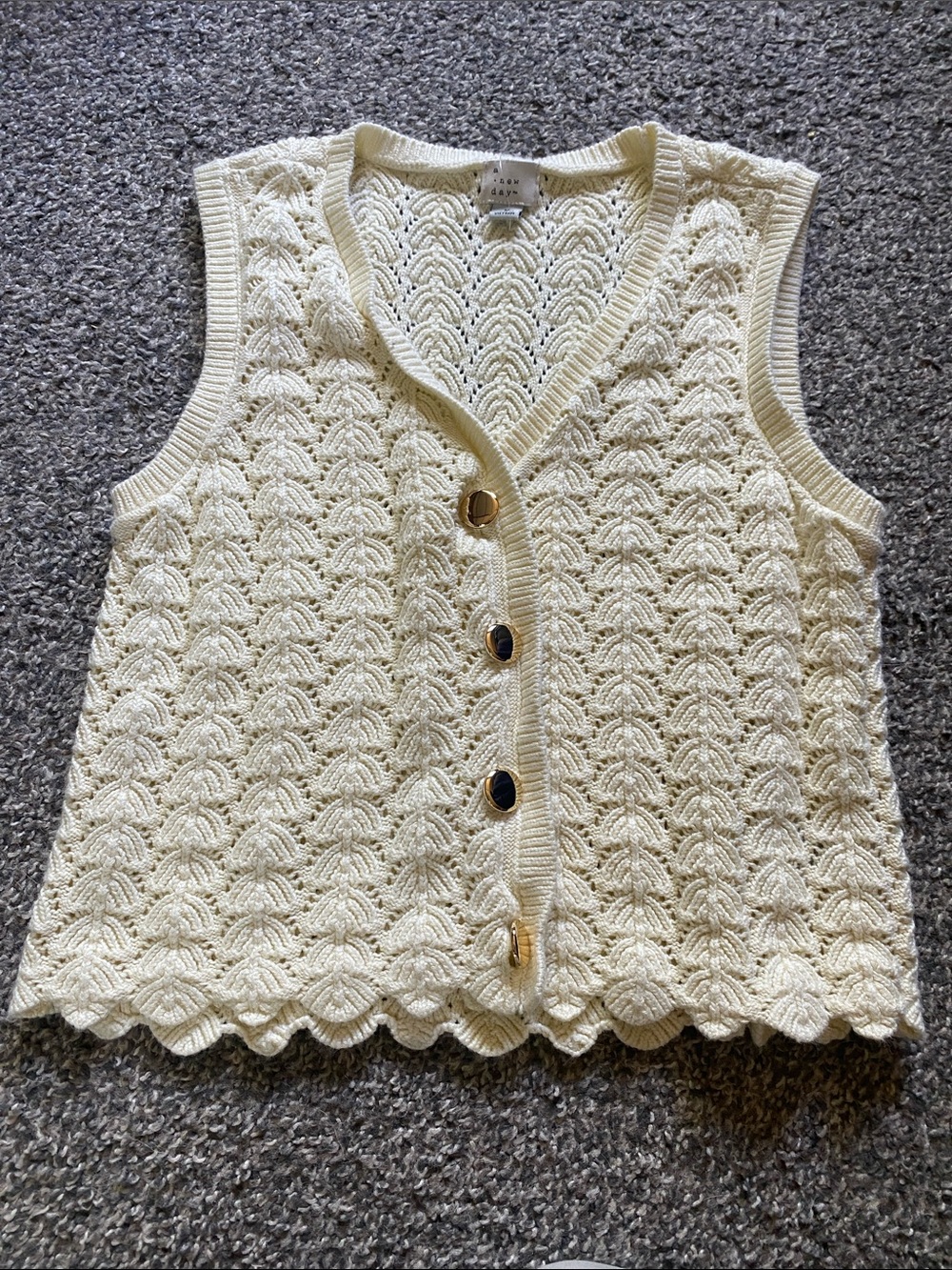 A New Day Cream Crochet Knit Button-Front Sweater Vest